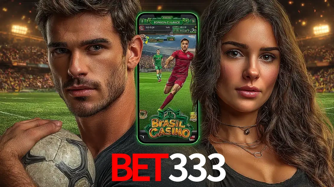 Homem segurando uma bola de futebol e uma mulher ao lado de um smartphone exibindo o jogo de apostas esportivas da BET333. Faça seu palpite no cassino online.